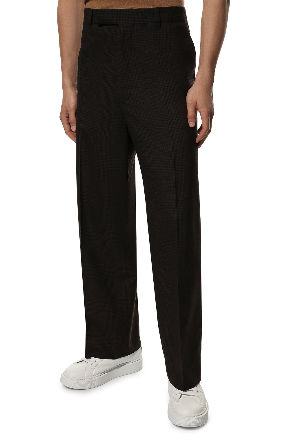 Мужские шерстяные брюки PRADA темно-коричневого цвета, арт. UP0178-10EB-F0192-221 | Фото 3 (Материал внешний: Шерсть; Длина (брюки, джинсы): Стандартные; Стили: Классический; Случай: Формальный)