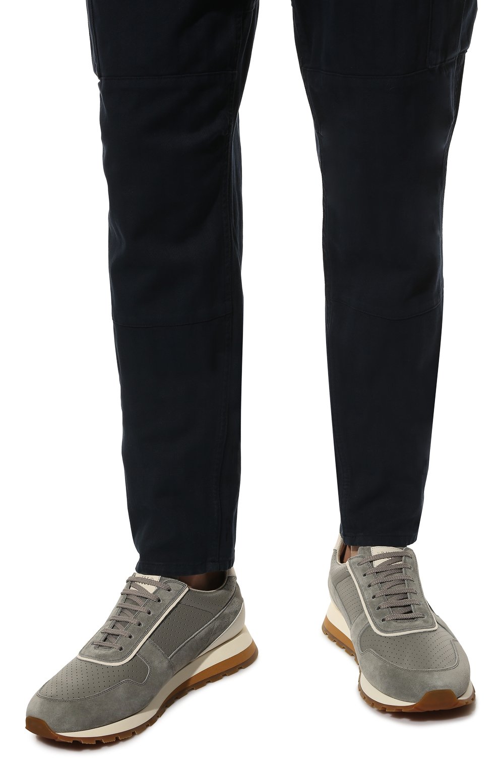Мужские кожаные кроссовки BRUNELLO CUCINELLI светло-серого цвета, арт. MZUKSUA289 | Фото 3 (Материал внутренний: Натуральная кожа; Стили: Классический; Материал утеплителя: Без утеплителя; Подошва: Массивная)