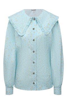 Женская хлопковая блузка GANNI голубого цвета, арт. F5911 | Фото 1 (Принт: С принтом, Без принта; Рукава: Длинные; Длина (для топов): Стандартные; Материал внешний: Хлопок; Стили: Бохо; Женское Кросс-КТ: Блуза-одежда)