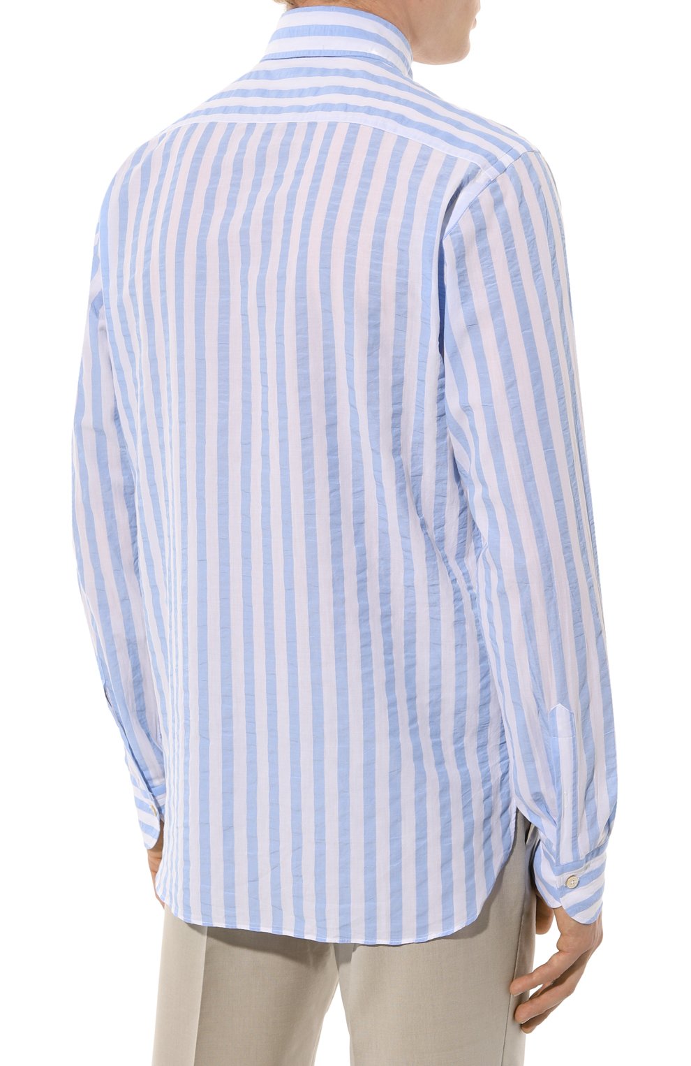 Мужская хлопковая рубашка ANDREA CAMPAGNA голубого цвета, арт. NEW REGENT/C7093 | Фото 4 (Манжеты: На пуговицах; Рукава: Длинные; Рубашки М: Regular Fit; Воротник: Акула; Случай: Повседневный; Принт: Полоска; Длина (для топов): Стандартные; Материал сплава: Проставлено; Материал внешний: Хлопок; Драгоценные камни: Проставлено; Стили: Кэжуэл)