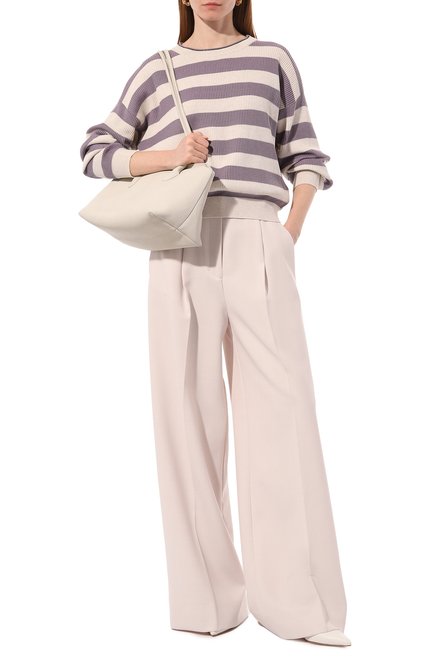 Женский хлопковый пуловер BRUNELLO CUCINELLI сиреневого цвета, арт. M1900B1035 | Фото 2 (Материал внешний: Хлопок; Длина (для топов): Стандартные; Рукава: Длинные; Стили: Кэжуэл; Женское Кросс-КТ: Пуловер-одежда)