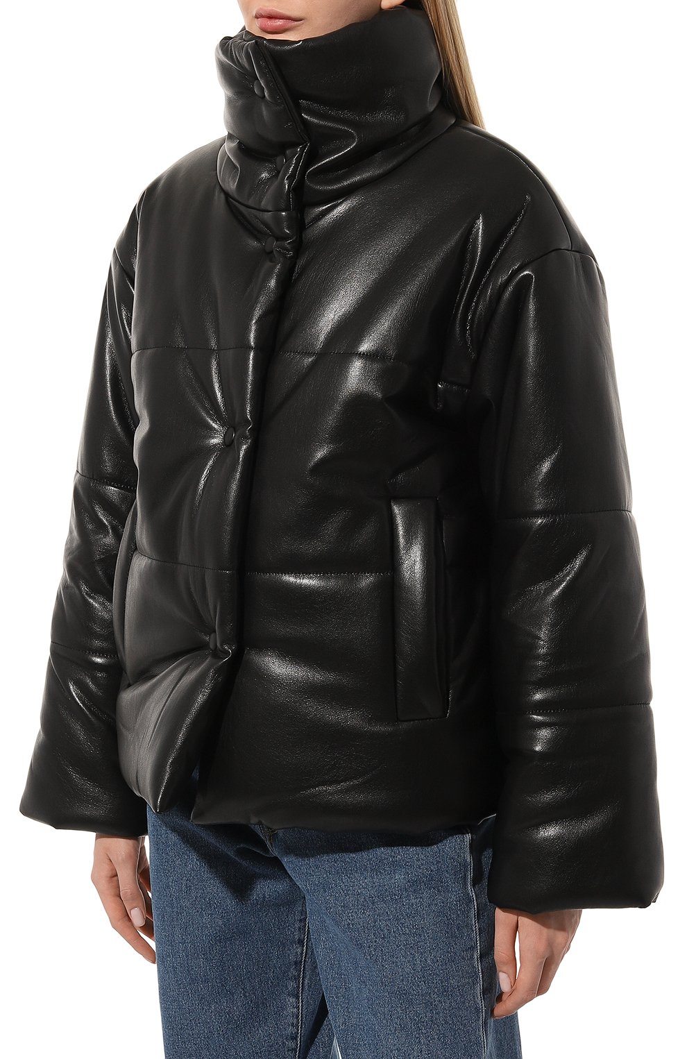 Женская утепленная куртка из экокожи NANUSHKA черного цвета, арт. NW22CR0W00199 | Фото 3 (Кросс-КТ: Куртка, Утепленный; Рукава: Длинные; Материал внешний: Синтетический материал; Материал сплава: Проставлено; Материал подклада: Синтетический материал; Драгоценные камни: Проставлено; Длина (верхняя одежда): Короткие; Стили: Минимализм)