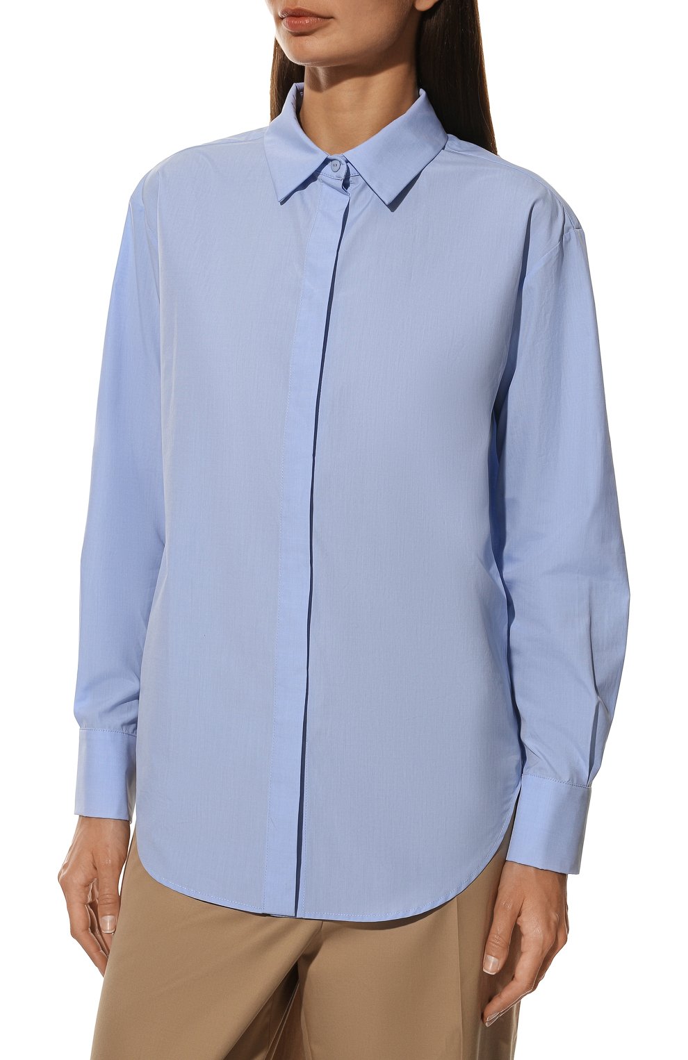 Женская хлопковая рубашка AGREEG голубого цвета, арт. 12030811 | Фото 3 (Рукава: Длинные; Принт: Без принта; Женское Кросс-КТ: Рубашка-одежда; Длина (для топов): Удлиненные; Материал внешний: Хлопок; Стили: Кэжуэл)