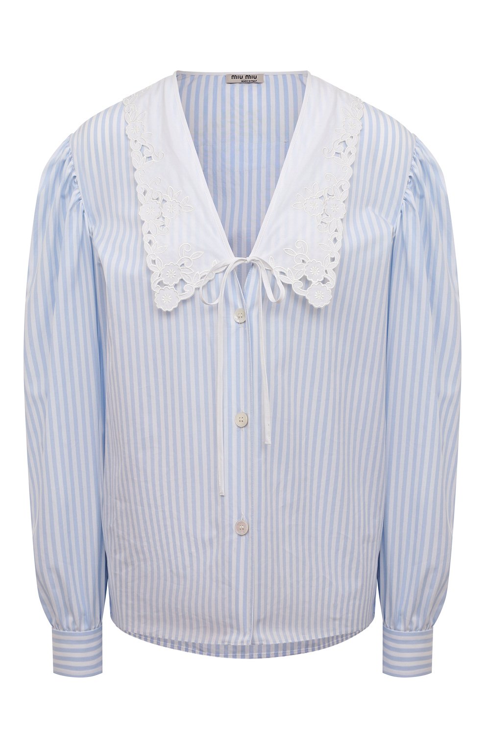 Женская хлопковая блузка MIU MIU голубого цвета, арт. MK1565-Z58-F0M10 | Фото 1 (Рукава: Длинные; Длина (для топов): Стандартные; Принт: С принтом; Материал внешний: Хлопок; Стили: Романтичный; Женское Кросс-КТ: Блуза-одежда)