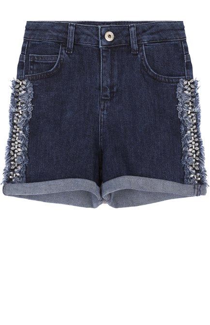 Детские джинсовые шорты с кристаллами и бахромой TWINSET синего цвета, арт. GS82W3/6A-10A | Фото 1 (Материал внешний: Хлопок; Девочки Кросс-КТ: Шорты-одежда; Статус проверки: Проверена категория; Кросс-КТ: Деним)