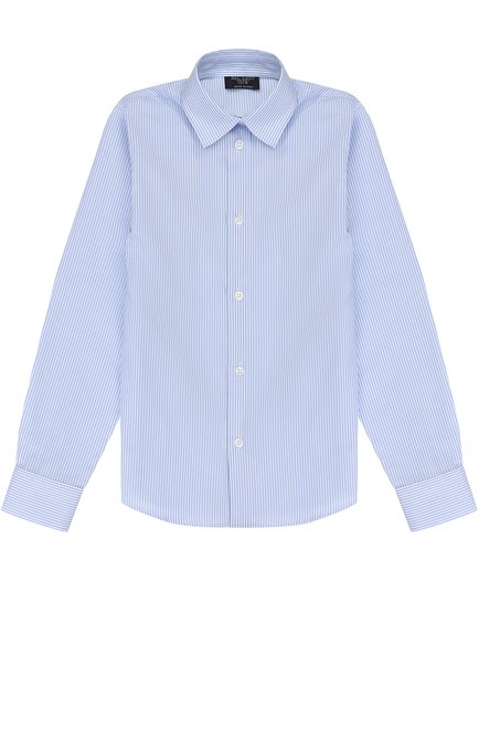 Детская хлопковая рубашка прямого кроя в полоску DAL LAGO голубого цвета, арт. N402/2837/7-12 | Фото 1 (Материал внешний: Хлопок; Рукава: Длинные; Случай: Формальный, Повседневный; Принт: С принтом; Статус проверки: Проверена категория; Мальчики-школьная форма: Рубашки; Материал сплава: Проставлено, Проверено; Драгоценные камни: Проставлено)