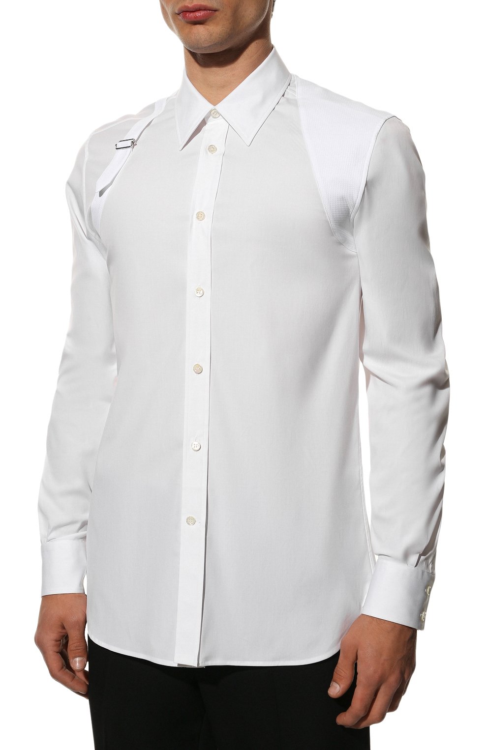 Мужская хлопковая рубашка ALEXANDER MCQUEEN белого цвета, арт. 624753/QPN44 | Фото 3 (Манжеты: На пуговицах; Воротник: Кент; Рукава: Длинные; Случай: Повседневный; Длина (для топов): Стандартные; Материал внешний: Хлопок; Принт: Однотонные; Мужское Кросс-КТ: Рубашка-одежда)