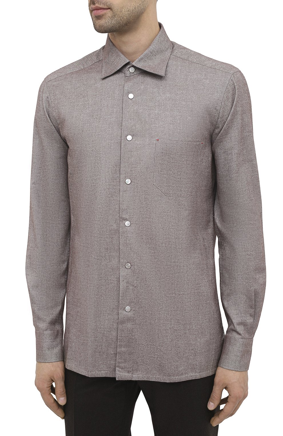 Мужская хлопковая рубашка KITON коричневого цвета, арт. UMCNERCH0749108 | Фото 3 (Манжеты: На пуговицах; Рукава: Длинные; Воротник: Акула; Случай: Повседневный; Длина (для топов): Стандартные; Рубашки М: Slim Fit; Региональные ограничения белый список (Axapta Mercury): RU; Материал внешний: Хлопок; Стили: Классический; Принт: Однотонные; Мужское Кросс-КТ: Рубашка-одежда)