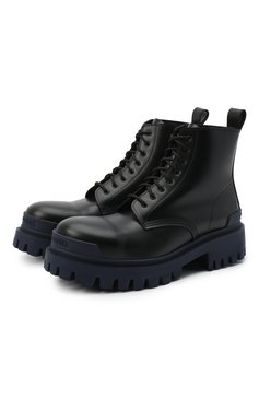 Мужские кожаные ботинки strike BALENCIAGA темно-синего цвета, арт. 589338/WA967 | Фото 1 (Каблук высота: Высокий; Мужское Кросс-КТ: Ботинки-обувь, Байкеры-обувь; Материал внутренний: Натуральная кожа; Материал утеплителя: Без утеплителя; Подошва: Массивная)