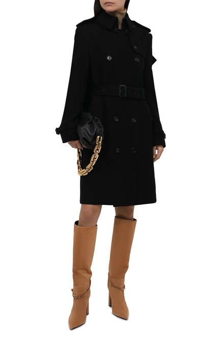 Женское пальто из кашемира и шерсти BURBERRY черного цвета, арт. 8046680 | Фото 2 (Материал подклада: Купро; Материал внешний: Кашемир, Шерсть; Длина (верхняя одежда): До колена; Рукава: Длинные; Стили: Гламурный; 1-2-бортные: Двубортные)