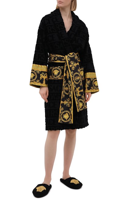 Женского текстильные тапочки logomania VERSACE черного цвета, арт. ZSLB00004/ZC0SP052 | Фото 2 (Женское Кросс-КТ: тапочки-домашняя обувь; Подошва: Платформа; Материал внутренний: Текстиль; Материал внешний: Текстиль)