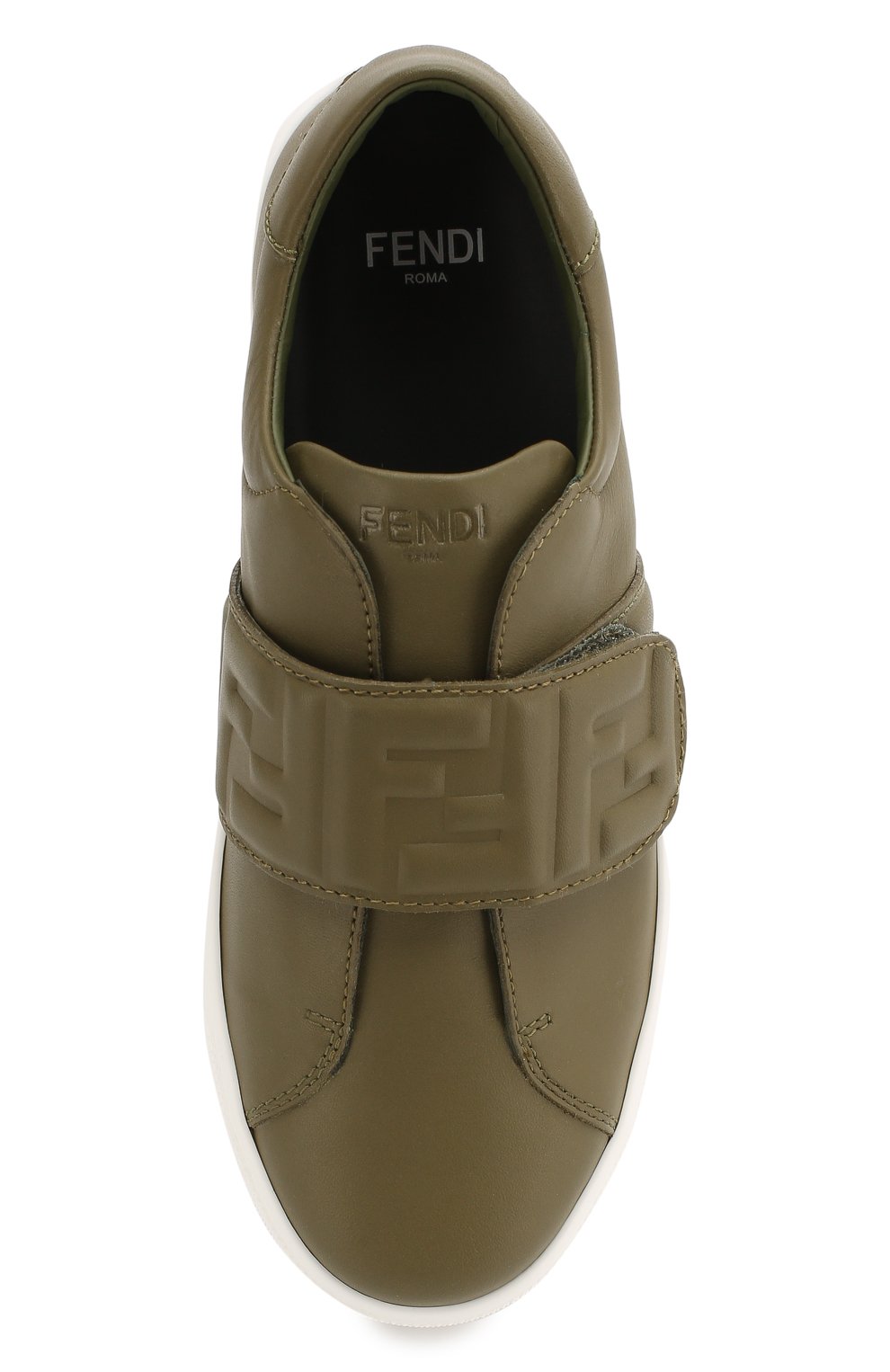 Детские кожаные кеды FENDI хаки цвета, арт. JMR312/A9SW/32-39 | Фото 4 (Мальчики Кросс-КТ: Обувь-низкие; Материал внешний: Кожа; Материал внутренний: Натуральная кожа; Региональные ограничения белый список (Axapta Mercury): RU; Кросс-КТ: велькро; Мальчики-школьная форма: Спортивная обувь)