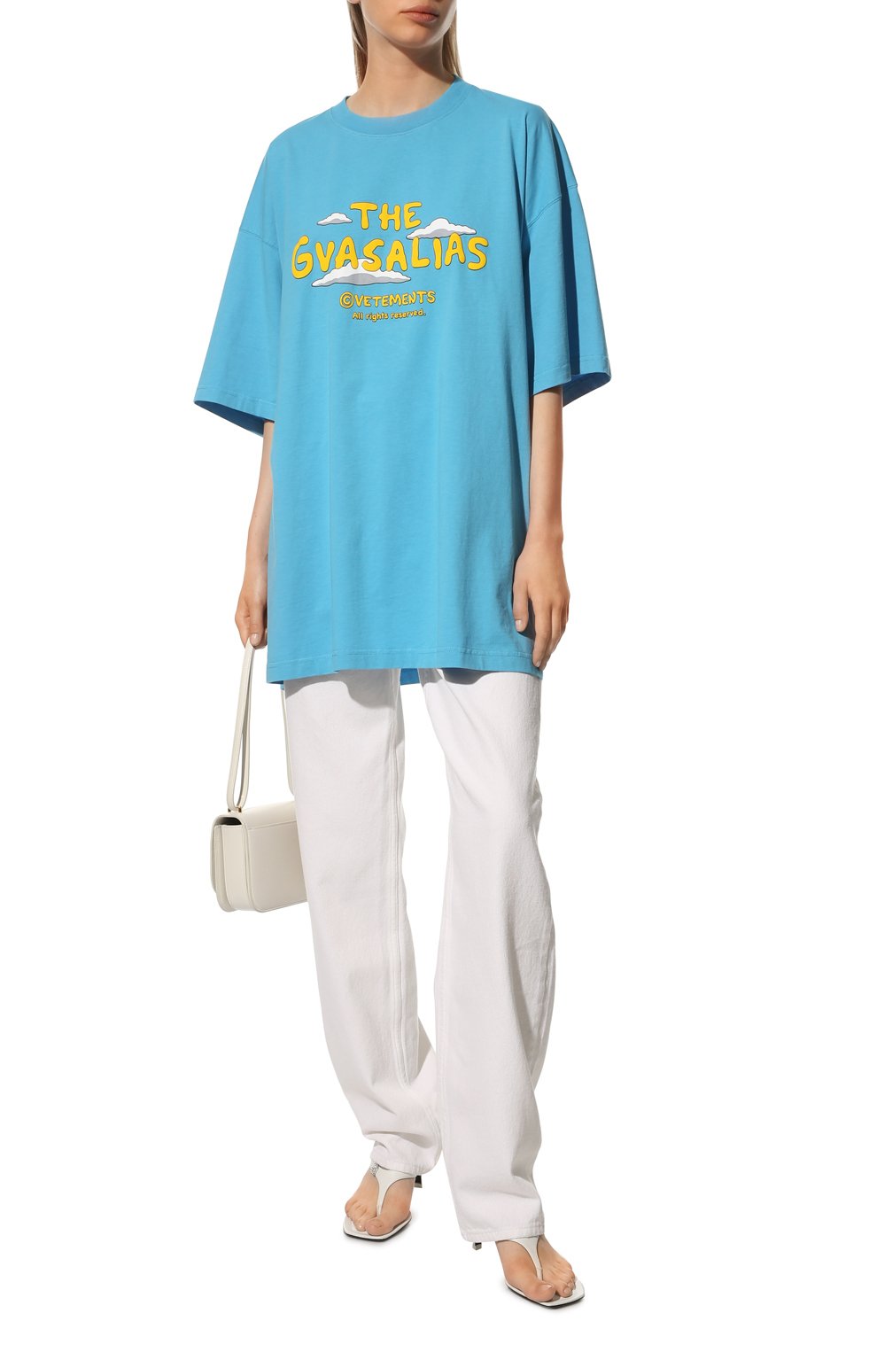 Женская хлопковая футболка VETEMENTS голубого цвета, арт. UA53TR260S 1602/W | Фото 2 (Принт: С принтом; Длина (для топов): Удлиненные; Материал внешний: Хлопок; Стили: Спорт-шик; Женское Кросс-КТ: Футболка-одежда; Рукава: 3/4)