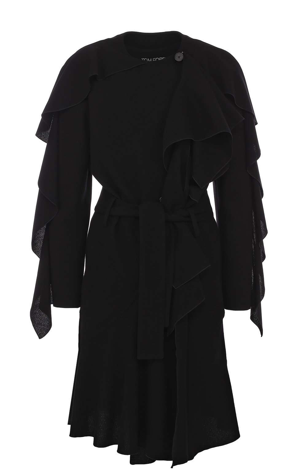 Женское шерстяное пальто с оборками и поясом TOM FORD черного цвета, арт. CP1405-FAX267 | Фото 1 (Материал внешний: Шерсть; Рукава: Длинные; Длина (верхняя одежда): До колена; Материал сплава: Проставлено, Проверено; 1-2-бортные: Однобортные; Статус проверки: Проверено, Проверена категория; Драгоценные камни: Проставлено; Материал подклада: Шелк)