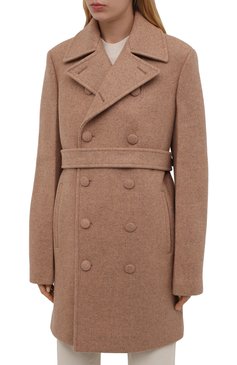 Женское шерстяное пальто JIL SANDER бежевого цвета, арт. JSWT415124-WT200100 | Фото 3 (Материал внешний: Шерсть; Рукава: Длинные; Длина (верхняя одежда): До середины бедра; Материал подклада: Вискоза; Стили: Минимализм; 1-2-бортные: Двубортные)