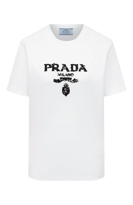 Женская хлопковая футболка PRADA белого цвета по цене 110000 руб., арт. 35838R-103H-F0009-162 | Фото 1