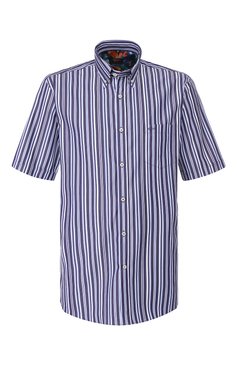 Мужская хлопковая рубашка PAUL&SHARK синего цвета, арт. E20P3227 | Фото 1 (Воротник: Button down; Рукава: Короткие; Случай: Повседневный; Принт: Полоска; Длина (для топов): Стандартные; Материал внешний: Хлопок; Мужское Кросс-КТ: Рубашка-одежда)