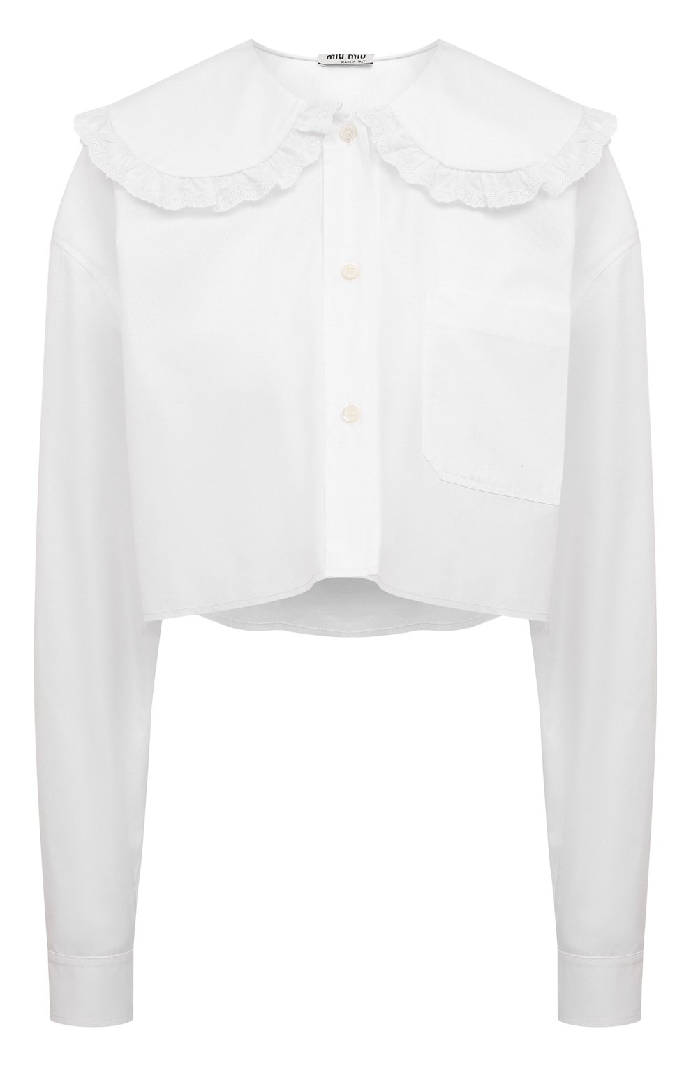Женская хлопковая блузка MIU MIU белого цвета, арт. MK1570-1Y90-F0009 | Фото 1 (Рукава: Длинные; Принт: Без принта; Материал внешний: Хлопок; Длина (для топов): Укороченные; Стили: Бохо; Женское Кросс-КТ: Блуза-одежда)