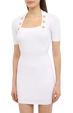 Женское платье из вискозы BALMAIN белого цвета, арт. VF16152/K211 | Фото 3 (Случай: Коктейльный; Стили: Гламурный; Длина Ж (юбки, платья, шорты): Мини; Рукава: Короткие; Женское Кросс-КТ: платье-футляр, Платье-одежда; Региональные ограничения белый список (Axapta Mercury): RU; Кросс-КТ: Трикотаж; Материал сплава: Проставлено; Материал внешний: Вискоза; Драгоценные камни: Проставлено)