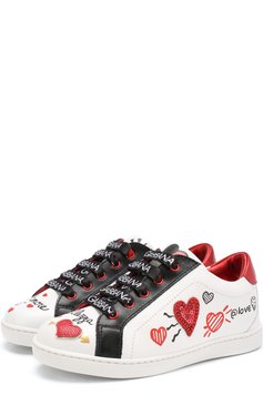Детские кожаные кеды на шнуровке с декором DOLCE & GABBANA белого цвета, арт. D10689/AV526/29-36 | Фото 1 (Девочки Кросс-КТ: Обувь-низкие; Материал внутренний: Натуральная кожа; Региональные ограничения белый список (Axapta Mercury): RU; Материал сплава: Проставлено, Проверено; Нос: Не проставлено; Статус проверки: Проверено, Проверена категория; Длина стельки: 18,1, 18,7, 19,4, 20,1, 20,7, 22,1, 22,7)