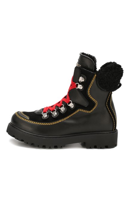 Детские кожаные ботинки с меховой отделкой DSQUARED2 черного цвета, арт. 62451/18-27 | Фото 2 (Статус проверки: Проверена категория; Кросс-КТ: хайкеры; Материал внешний: Кожа; Материал утеплителя: Натуральный мех)