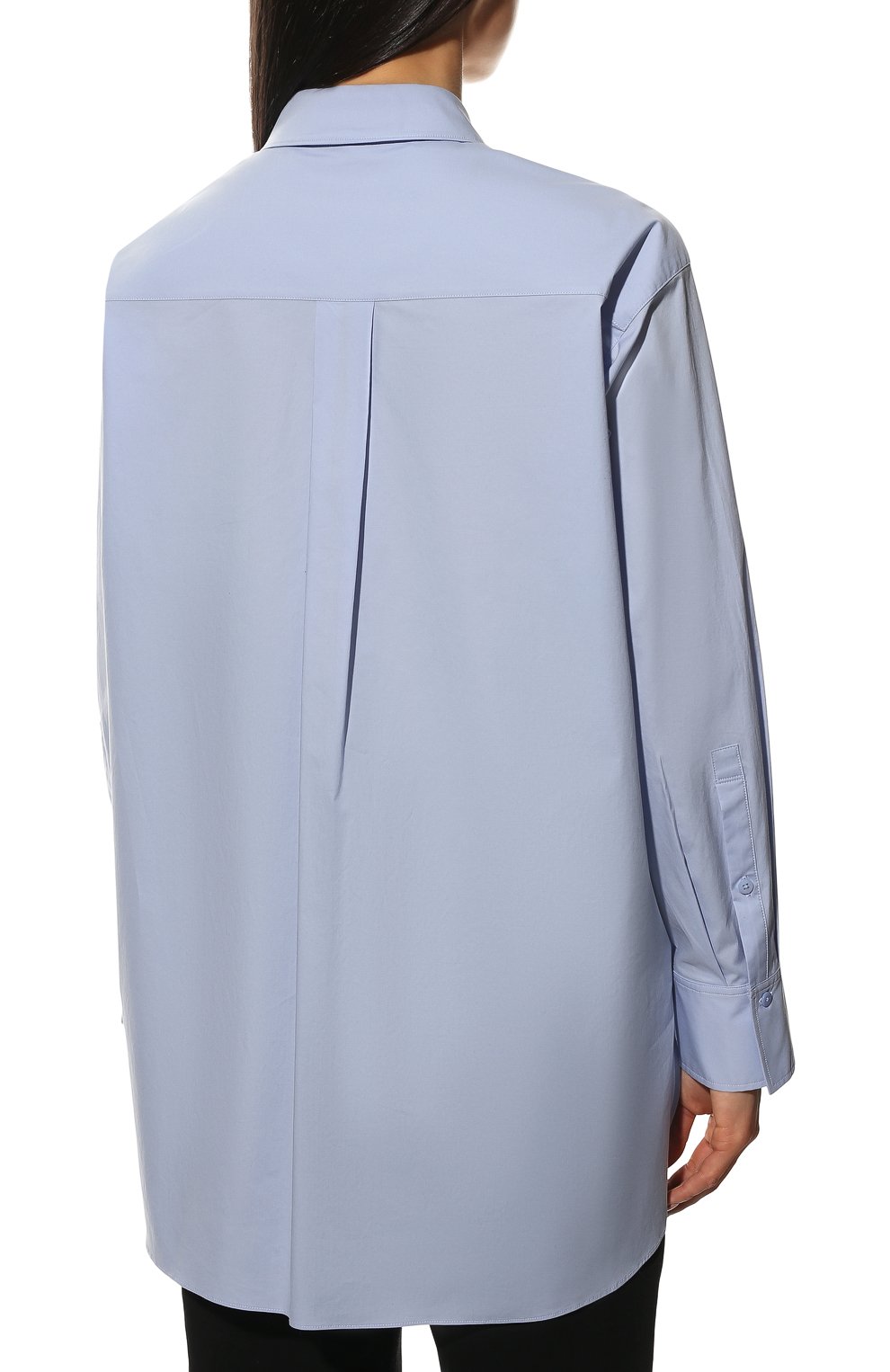 Женская хлопковая рубашка DOROTHEE SCHUMACHER голубого цвета, арт. 048201/P0PLIN P0WER | Фото 4 (Рукава: Длинные; Принт: Без принта; Женское Кросс-КТ: Рубашка-одежда; Длина (для топов): Удлиненные; Материал внешний: Хлопок; Стили: Классический, Кэжуэл)