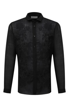 Мужская шелковая рубашка SAINT LAURENT черного цвета, арт. 644382/Y1C05 | Фото 1 (Манжеты: На пуговицах; Воротник: Кент; Материал внешний: Шерсть; Рукава: Длинные; Рубашки М: Regular Fit; Случай: Вечерний; Длина (для топов): Стандартные; Принт: С принтом; Стили: Кэжуэл)