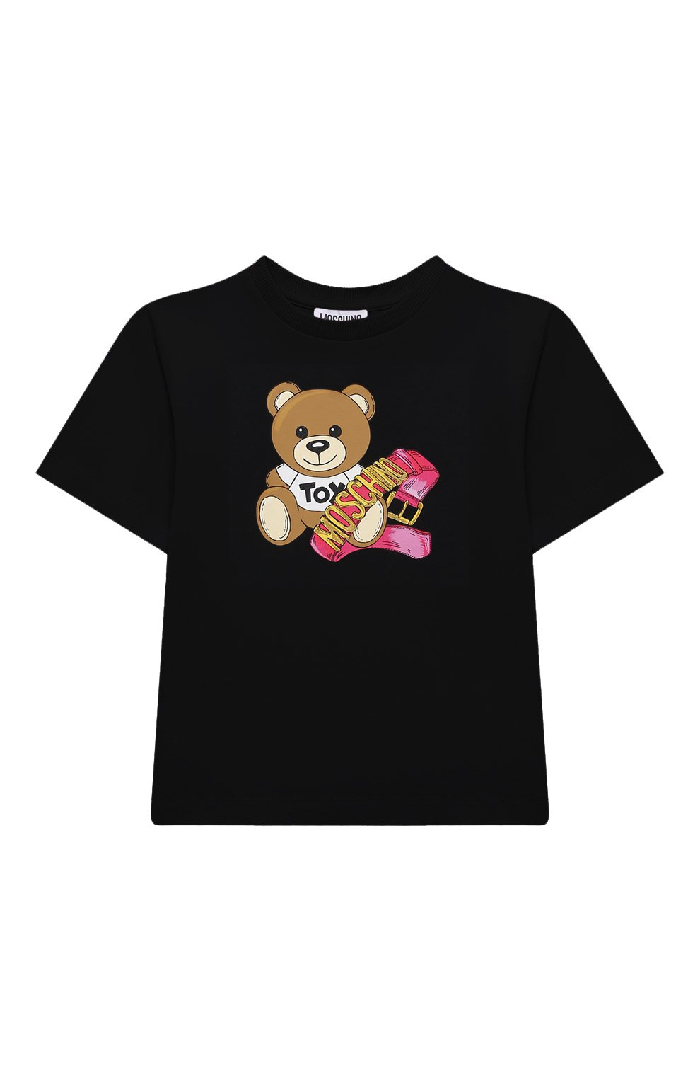Детская хлопковая футболка MOSCHINO черного цвета, арт. H3M02T/LBA11/4A-8A | Фото 1 (Девочки Кросс-КТ: футболка-одежда; Рукава: Короткие; Материал сплава: Проставлено; Материал внешний: Хлопок; Драгоценные камни: Проставлено)