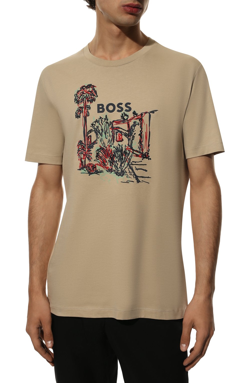 Мужская хлопковая футболка BOSS бежевого цвета, арт. 50478229 | Фото 3 (Рукава: Короткие; Длина (для топов): Стандартные; Принт: С принтом; Материал внешний: Хлопок; Стили: Кэжуэл)