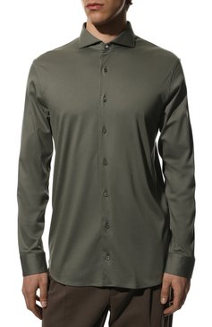 Мужская хлопковая рубашка VAN LAACK хаки цвета, арт. M-PER-LSF/180031 | Фото 3 (Манжеты: На пуговицах; Рукава: Длинные; Воротник: Акула; Случай: Повседневный; Длина (для топов): Стандартные; Рубашки М: Slim Fit; Стили: Милитари; Материал внешний: Хлопок; Принт: Однотонные)