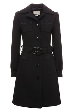 Женское шерстяное пальто GUCCI черного цвета, арт. 577442 Z8ADM | Фото 1 (Стили: Ретро; Материал внешний: Шерсть; Рукава: Длинные; Длина (для топов): Удлиненные; 1-2-бортные: Однобортные)