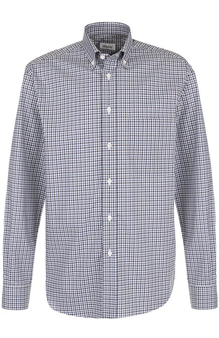 Мужская хлопковая рубашка в клетку с воротником button-down BRIONI голубого цвета, арт. SC02/06053 | Фото 1 (Длина (для топов): Стандартные; Материал внешний: Хлопок; Рукава: Длинные; Статус проверки: Проверено, Проверена категория; Случай: Повседневный; Принт: Клетка; Манжеты: На пуговицах; Воротник: Button down)