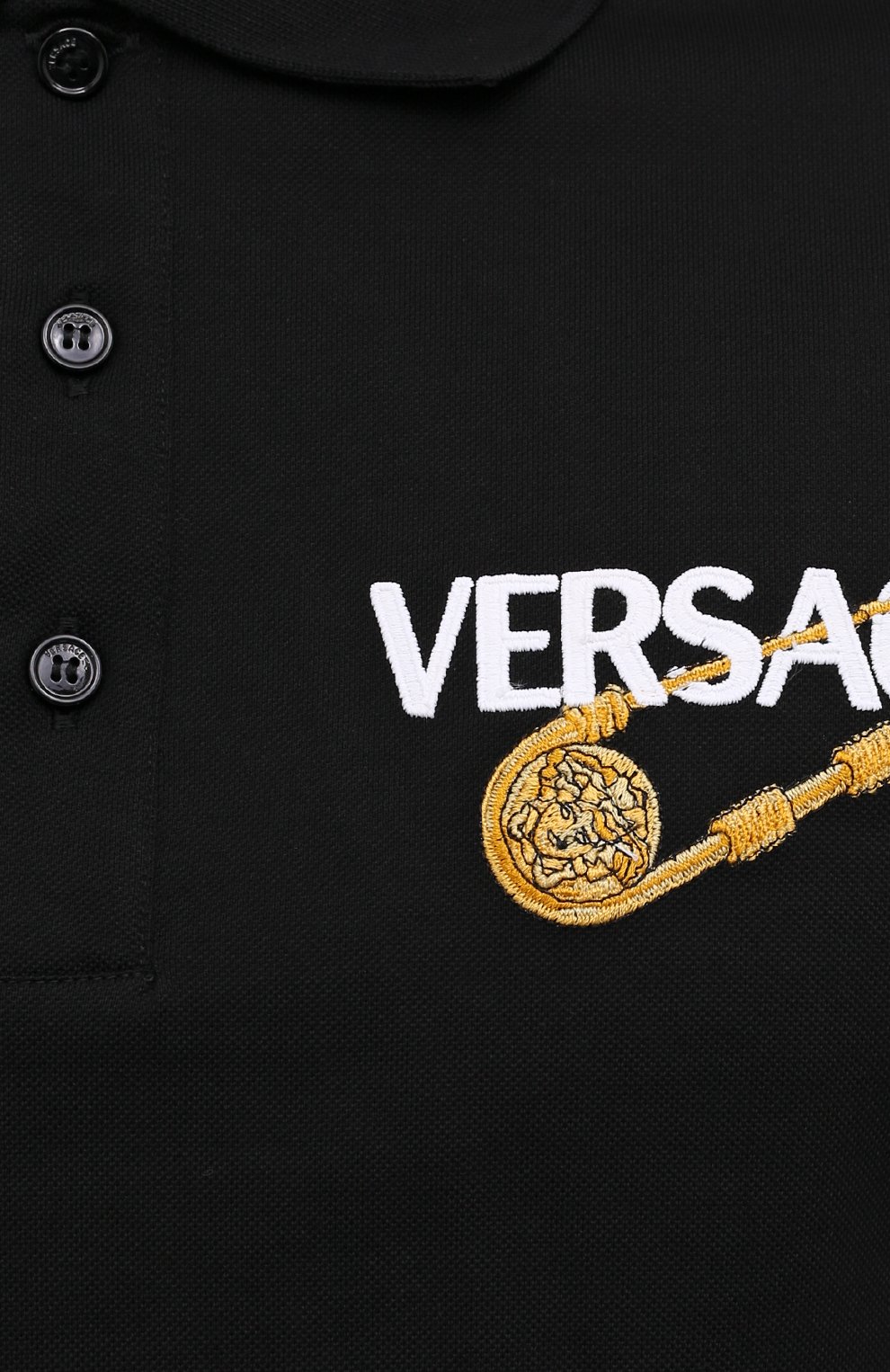 Мужское хлопковое поло VERSACE черного цвета, арт. 1001562/1A01159 | Фото 5 (Застежка: Пуговицы; Рукава: Короткие; Длина (для топов): Стандартные; Материал сплава: Проставлено; Материал внешний: Хлопок; Драгоценные камни: Проставлено; Стили: Кэжуэл)
