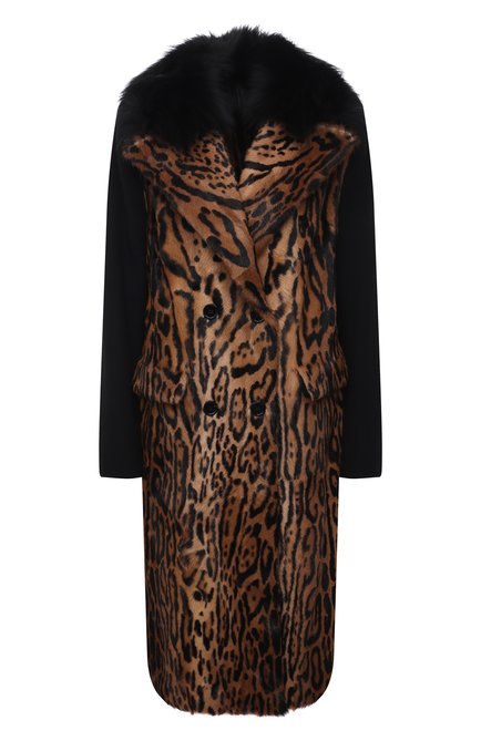 Женская комбинированное пальто DOLCE & GABBANA леопардового цвета, арт. F0AU0F/GEW00 | Фото 1 (Рукава: Длинные; Длина (верхняя одежда): До колена; Материал подклада: Синтетический материал; Женское Кросс-КТ: Мех; Стили: Гламурный; Материал внешний: Шерсть)