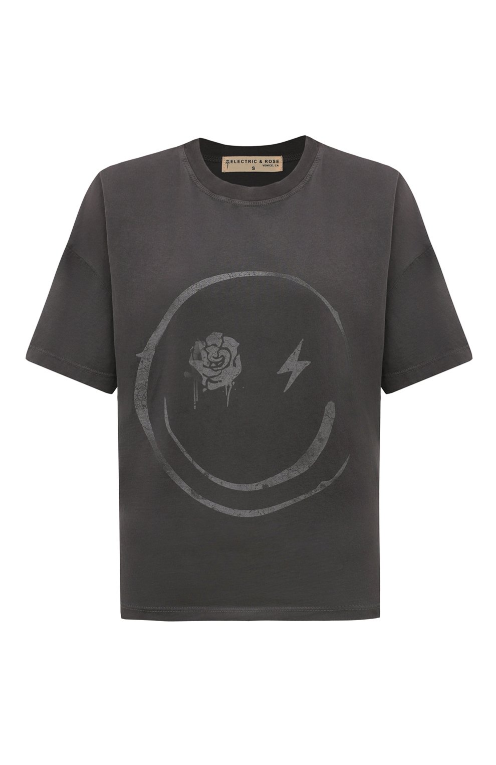 Женская хлопковая футболка ELECTRIC&ROSE темно-серого цвета, арт. LFTP72-L0V | Фото 1 (Рукава: Короткие; Длина (для топов): Стандартные; Принт: С принтом; Материал сплава: Проставлено; Материал внешний: Хлопок; Женское Кросс-КТ: Футболка-одежда; Драгоценные камни: Проставлено)