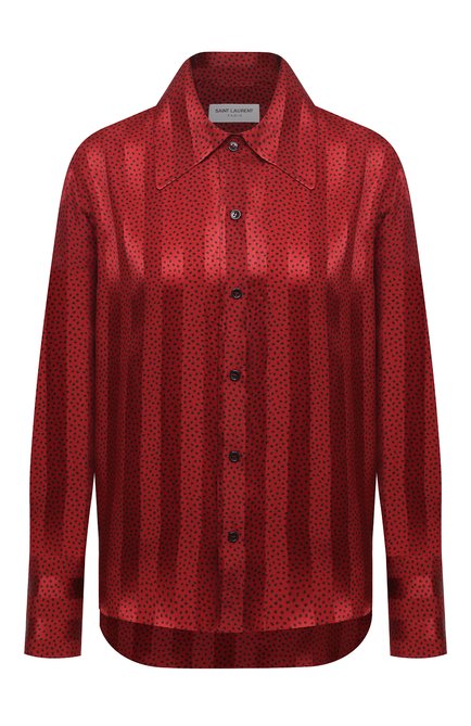 Женская шелковая рубашка SAINT LAURENT красного цвета, арт. 626928/Y3B27 | Фото 1 (Материал внешний: Шелк; Длина (для топов): Стандартные; Рукава: Длинные; Женское Кросс-КТ: Рубашка-одежда; Принт: Без принта, Полоска)