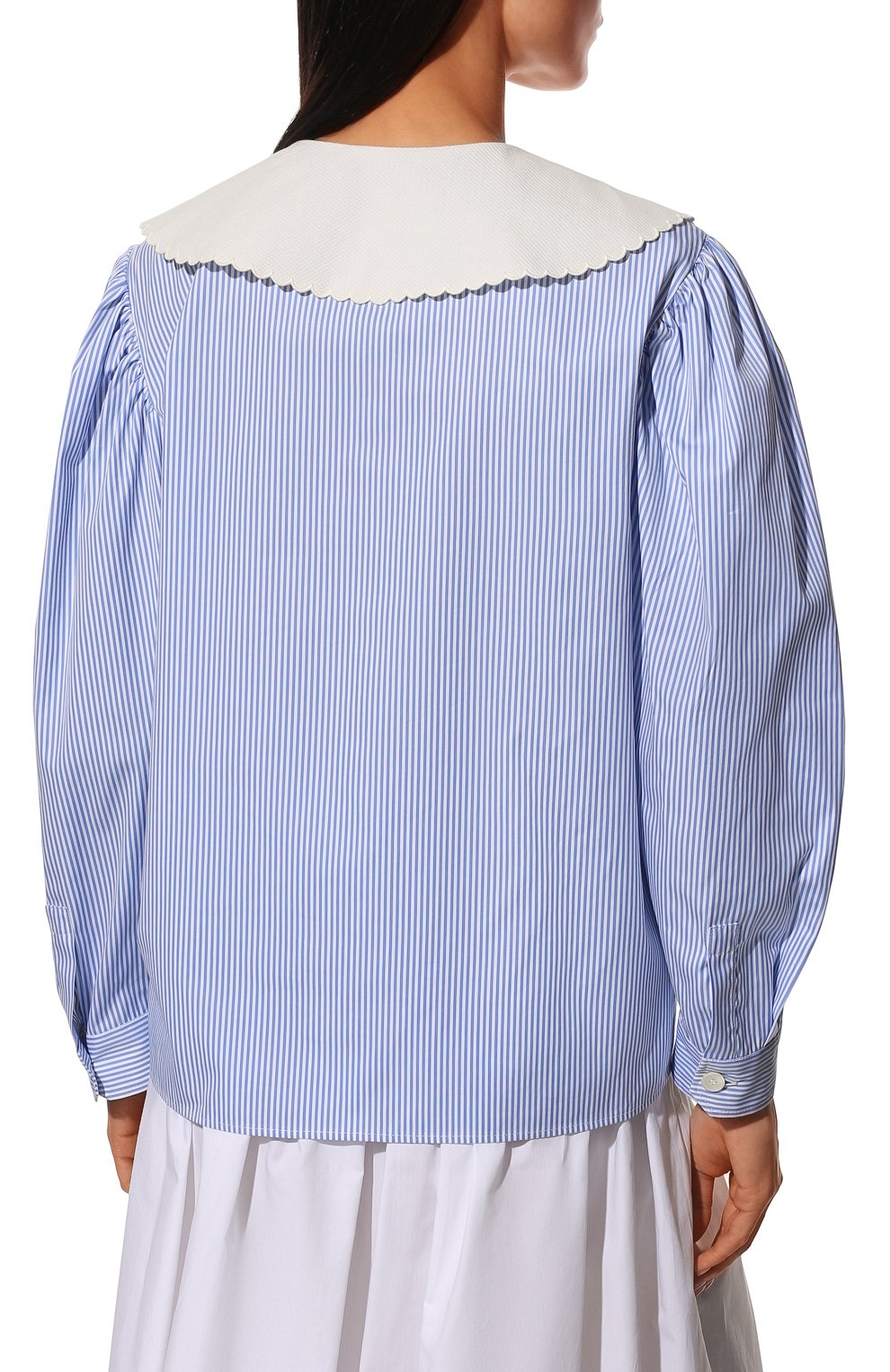 Женская хлопковая блузка MIU MIU голубого цвета, арт. MK1539-Z58-F0076 | Фото 4 (Рукава: Длинные; Принт: Полоска; Длина (для топов): Стандартные; Материал внешний: Хлопок; Стили: Романтичный; Женское Кросс-КТ: Блуза-одежда)