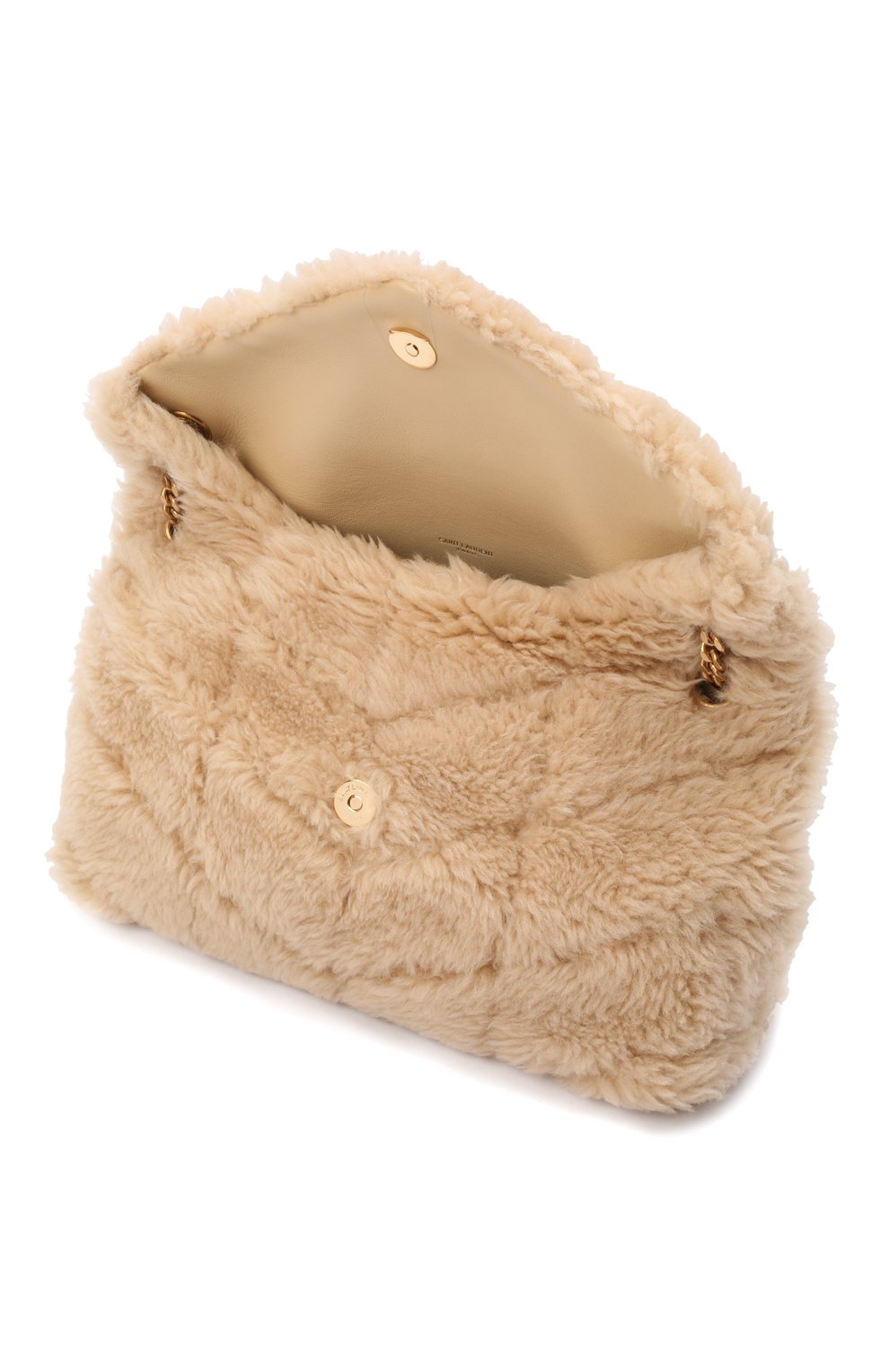 Женская сумка puffer small SAINT LAURENT бежевого цвета, арт. 577476/28B17 | Фото 5 (Материал: Натуральный мех; Сумки-технические: Сумки через плечо; Ремень/цепочка: На ремешке; Размер: small)