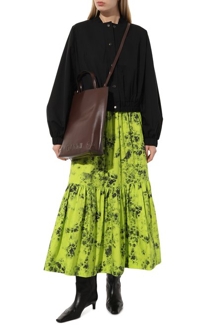 Женская хлопковая юбка GANNI салатового цвета, арт. F7942 | Фото 2 (Драгоценные камни: Проставлено; Материал внешний: Хлопок; Длина Ж (юбки, платья, шорты): Миди; Материал сплава: Проставлено)
