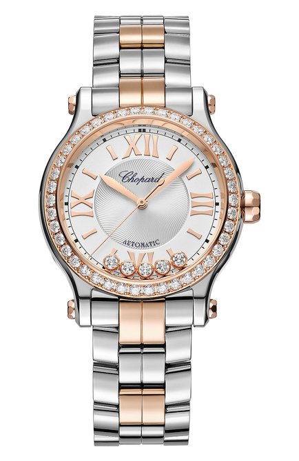 Женские часы happy sport CHOPARD бесцветного цвета, арт. 278608-6004 | Фото 1 (Материал корпуса: Сталь и розовое золото; Механизм: Автомат; Цвет циферблата: Серебристый)
