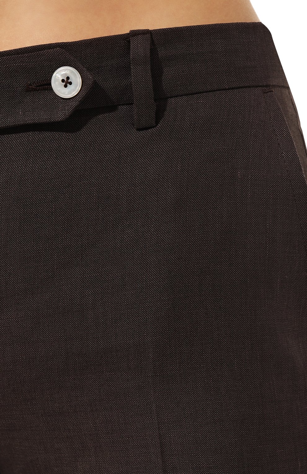 Женские брюки изо льна и шерсти KITON темно-коричневого цвета, арт. D48125K0937B | Фото 5 (Материал внешний: Шерсть, Лен; Длина (брюки, джинсы): Стандартные; Женское Кросс-КТ: Брюки-одежда; Силуэт Ж (брюки и джинсы): Прямые; Материал сплава: Проставлено; Драгоценные камни: Проставлено; Стили: Кэжуэл)