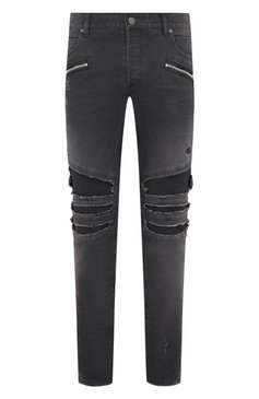 Мужские джинсы BALMAIN серого цвета, арт. UH15419/Z039 | Фото 1 (Силуэт М (брюки): Узкие; Кросс-КТ: Деним; Длина (брюки, джинсы): Стандартные; Стили: Панк; Материал внешний: Хлопок, Деним; Детали: Потертости)