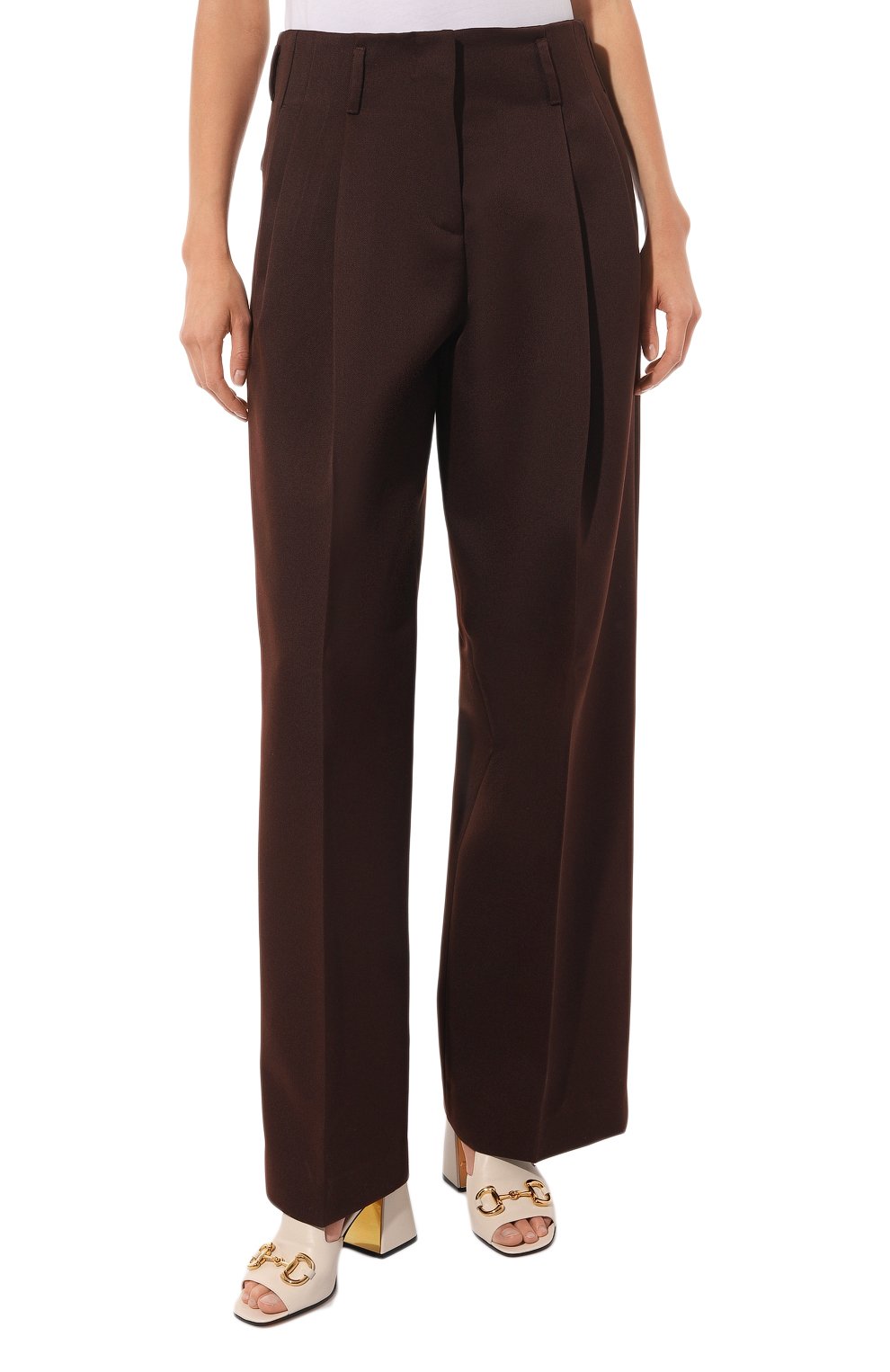 Женские брюки GOLDEN GOOSE DELUXE BRAND темно-коричневого цвета, арт. GWP01203/P00069455429 | Фото 3 (Длина (брюки, джинсы): Удлиненн ые; Силуэт Ж (брюки и джинсы): Широкие; Материал внешний: Шерсть, Синтетический материал; Женское Кросс-КТ: Брюки-одежда; Региональные ограничения белый список (Axapta Mercury): Не проставлено; Материал сплава: Проставлено; Нос: Не проставлено; Драгоценные камни: Проставлено; Стили: Кэжуэл)