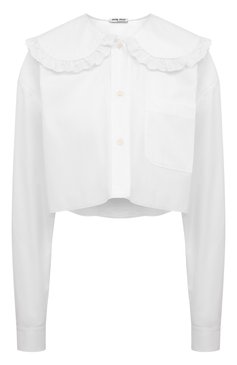 Женская хлопковая блузка MIU MIU белого цвета, арт. MK1570-1Y90-F0009 | Фото 1 (Рукава: Длинные; Принт: Без принта; Материал внешний: Хлопок; Длина (для топов): Укороченные; Стили: Бохо; Женское Кросс-КТ: Блуза-одежда)