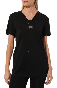 Женская хлопковая футболка DOLCE & GABBANA черного цвета, арт. F8T69T/FU7EQ | Фото 3 (Принт: Без принта; Рукава: Короткие; Длина (для топов): Стандартные; Материал сплава: Проставлено; Материал внешний: Хлопок; Стили: Спорт-шик; Женское Кросс-КТ: Футболка-одежда; Драгоценные камни: Проставлено)