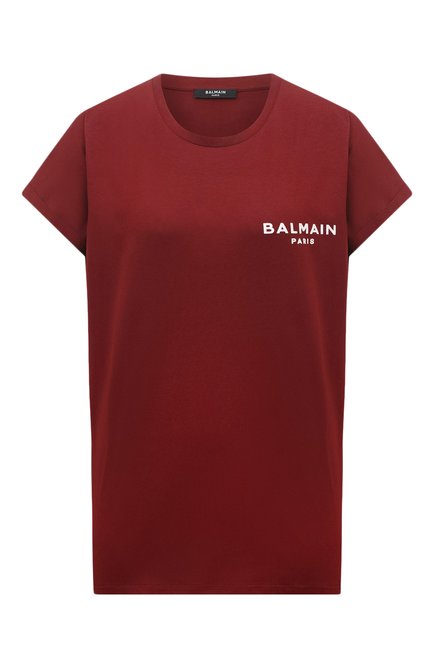 Женская хлопковая футболка BALMAIN бордового цвета, арт. BF1EF010/BB01 | Фото 1 (Драгоценные камни: Проставлено; Длина (для топов): Стандартные; Материал внешний: Хлопок; Рукава: Короткие; Материал сплава: Проставлено)