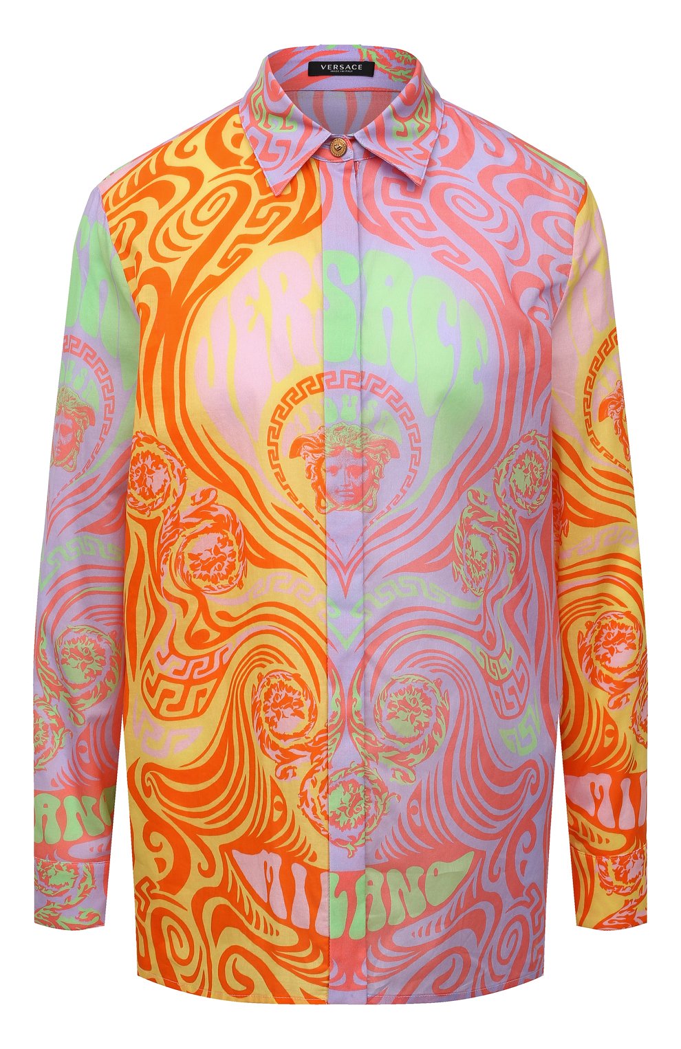 Женская хлопковая рубашка VERSACE разноцветного цвета, арт. 1001360/1A02879 | Фото 1 (Рукава: Длинные; Женское Кросс-КТ: Рубашка-одежда; Длина (для топов): Стандартные; Принт: С принтом; Материал внешний: Хлопок; Стили: Романтичный)