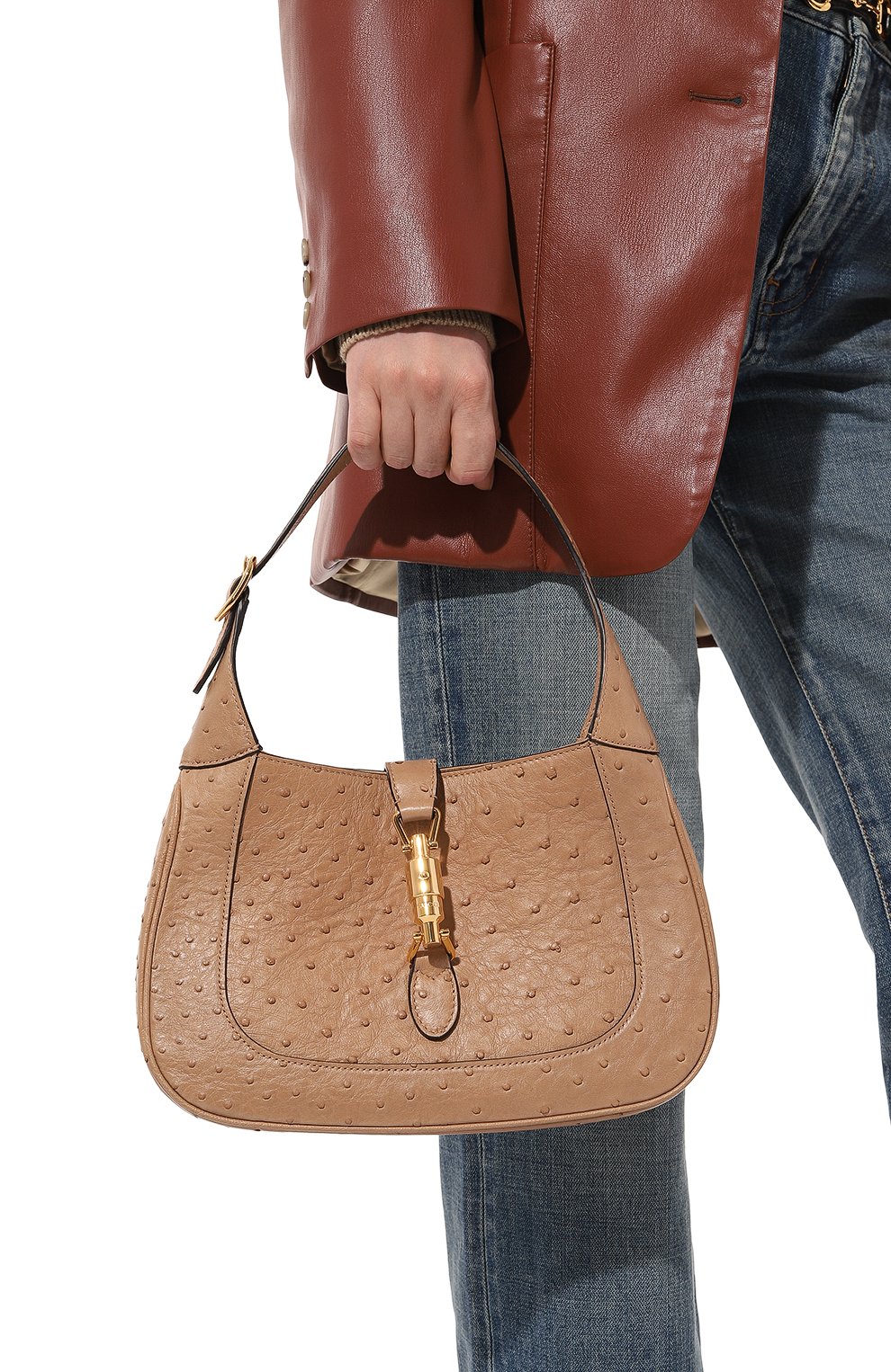 Женская сумка jackie 1961 small из кожи страуса GUCCI бежевого цвета, арт. 636709 EY00G | Фото 2 (Сумки-технические: Сумки top-handle; Размер: small)