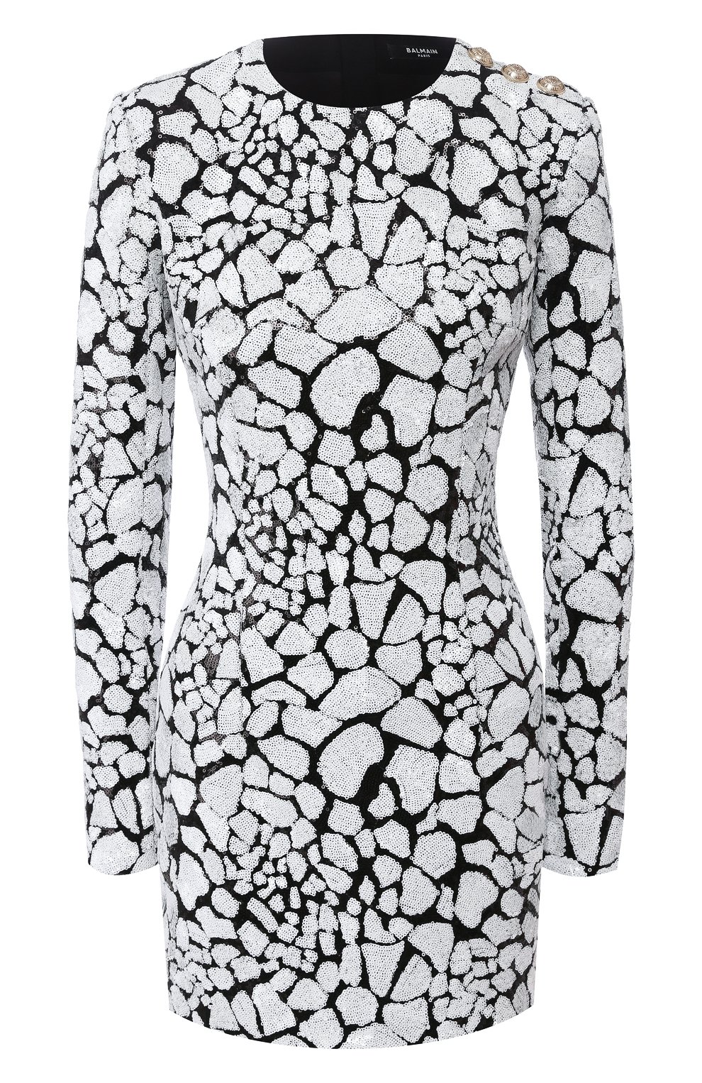 Женское платье с пайетками BALMAIN черно-белого цвета, арт. TF16200/X351 | Фото 1 (Рукава: Длинные; Случай: Вечерний; Длина Ж (юбки, платья, шорты): Мини; Материал внешний: Синтетический материал; Материал подклада: Синтетический материал; Женское Кросс-КТ: Платье-одежда)