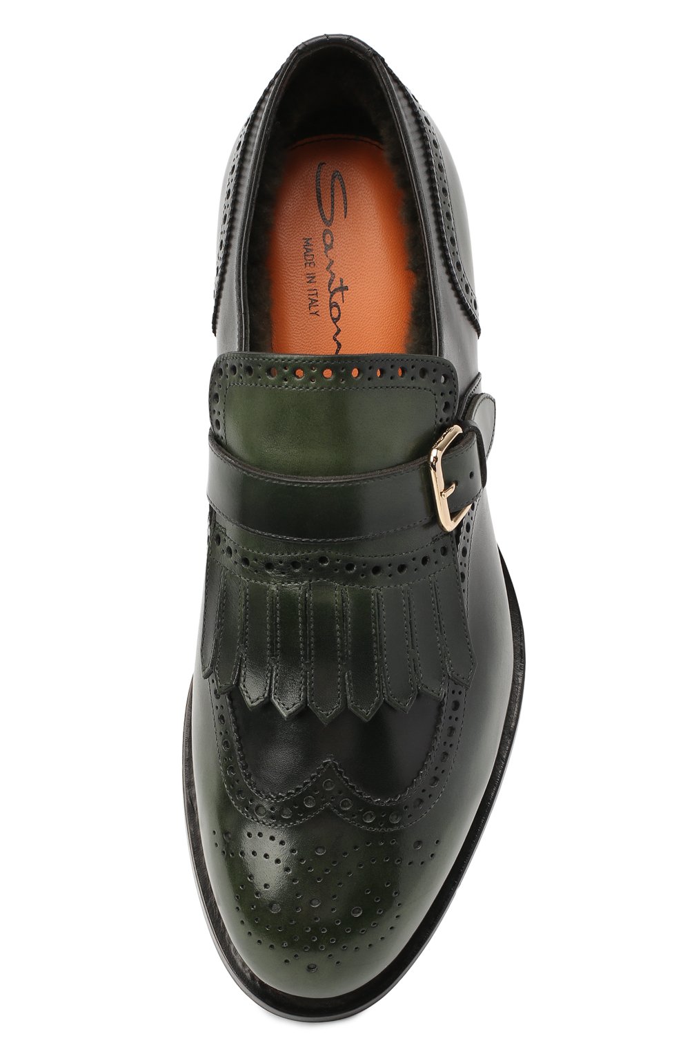 Мужские кожаные монки SANTONI зеленого цвета, арт. MCCG13976MJ3YNGCV35 | Фото 5 (Материал утеплителя: Натуральный мех; Мужское Кросс-КТ: Броги-обувь; Стили: Классический; Длина стельки: 24,7, 25,1, 25,5, 25,9, 26,4)